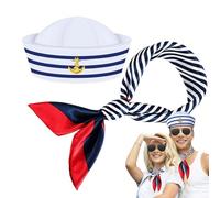 Men's Captain Hat - 50x50cm Sailor Costume Hat with Scarf, Nautical Accessory | Navy Blue Striped Yacht Suit Navy Style Scarf 22 Inches Suit A