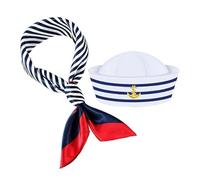 Mens Captain Hat - Soft Cotton Polyester Blends, Blue Striped Silk Scarf Sailor Caps, Comfortable Fit Marine Headwear Sets, Fun Theatrical Perform Accessories, For Halloween Theme Party Use