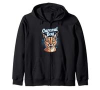 Mens Caracal Boy Cartoon Exotic Wild Cat Themed Retro Design Zip Hoodie