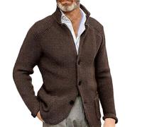 Mens Cardigan Cable Knit Jumpers Stand Collar Knitted Cardigan Chunky Wool Jumper Thick Warm Sweater Coat Solid Color Button Knitwear Slim Fit Knit Jacket Casual Winter Outerwear with Pocket Coffee