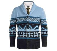 Men's Cardigan with Geometric Pattern - Classic Cardigan with V-Neck and Button Placket, Elegant Knitted Fashion for a Preppy or Business Casual Look, style_b01 blue, XXL