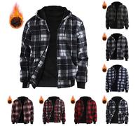 Mens Cardigans Fleece Gingham Hoody Mens Retro Full-Zipper Cotton Softshell Sherpa Hoodies Cardigans Jacket Patchwork Hooded Comfy Thermal Thick Fashion Coat Streetwear Padded Lumberjack Sweater Black