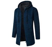 Mens Cardigans Knitted Hooded Sweater Long Jumper Trench Coat Mid Length Thick Wool Overcoat Full Zip Outerwear Fleece Lined Knitwear Winter Causal Warm Sweaters with Zipper Pockets Navy
