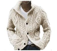 Mens Cardigans Thick Chunky Knitted Sweater Turn Down Collar Button-Up Cable Knitwear Loose Fit Cozy Outerwear Fashion Classic Jacket Overcoat with Pockets Autumn Winter Wear Beige