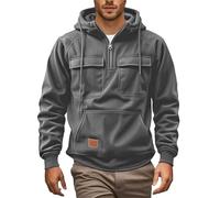 Men's Cargo Hoodies 1/4 Zip Sweatshirt with Hood Solid Color Corduroy Pullover Hoodie Ribbed Cuff Long Sleeve Tactical Sweatshirts Fashion Outdoor Work Hoody Sweatshirts with Pockets(Grey,XL)