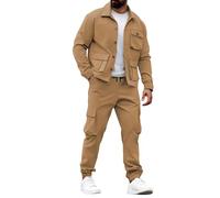 Men's Cargo Jacket and Pants Set, 2-Piece Tactical Outfit with Multipockets, Button Up Jacket with Joggers,Men Workwear Set, Casual Streetwear(Khaki, XXXL)