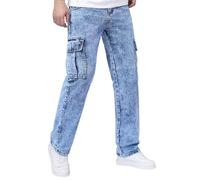 Men's Cargo Jeans Straight Leg Snow Wash Denim Utility Trousers Joggers | Acid Wash Denim, Cargo Pockets, Five Pocket Design, Belt Loops, Zip Fly, Button Closure, Relaxed Fit, Casual Streetwear