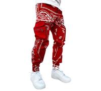 Men's Cargo Jogger Sweatpants Gothic Punk Style Baggy Bandana Techwear Hip Hop Casual Tactical Athletic Track Pants Boho Printed Paisley Pants Streetwear with Zipper Multi-Pocket Red