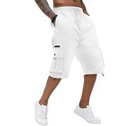 Mens Cargo Long Shorts Cotton Elastic Waist Capri Knee Length Pants Multi Pockets Casual Baggy Combat Trousers White, XXL