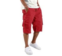 Men's Cargo Shorts 3/4 Length Combat Work Shorts Comfort Elasticated Waist Summer Casual Short Pants Multi-Pockets Breathable Knee Length Cropped Trousers for Outdoor Red