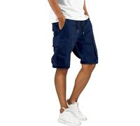 Men's Cargo Shorts 3/4 Length Combat Work Shorts Comfort Elasticated Waist Summer Casual Short Pants Multi-Pockets Breathable Knee Length Cropped Trousers for Outdoor Navy