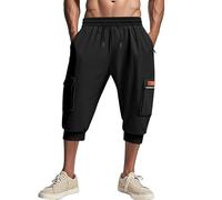Mens Cargo Shorts 3/4 Length, Loose Fit Cotton Long Shorts Men Lightweight Walking Hiking Capri Pants with Multi Pocket Elasticated Waist Drawstring Cuffed Cropped Trousers