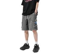Men's Cargo Shorts, Baggy Denim Bermuda for Summer - Sweat Shorts, Y2K Hip Hop Style with Print, Unisex Star-Patch Jorts (Color : Gray, Size : L)