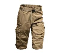 Mens Cargo Shorts | Casual Solid Color 3/4 Length Baggy Combat Trousers | Elasticated Waist with Multi Pockets Khaki