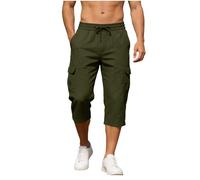 Mens Cargo Shorts Cotton Capri Pants for Men Elastic Waist 3/4 Length Work Shorts Regular Fit Cropped Trousers Solid Colour Utility Bottoms with Pockets Gardening Walking Outfits