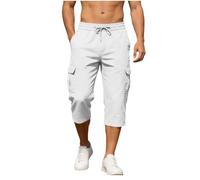 Mens Cargo Shorts Cotton Capri Pants for Men Elastic Waist 3/4 Length Work Shorts Regular Fit Cropped Trousers Solid Colour Utility Bottoms with Pockets Gardening Walking Outfits