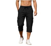 Mens Cargo Shorts Cotton Capri Pants for Men Elastic Waist 3/4 Length Work Shorts Regular Fit Cropped Trousers Solid Colour Utility Bottoms with Pockets Gardening Walking Outfits