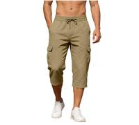 Mens Cargo Shorts Cotton Capri Pants for Men Elastic Waist 3/4 Length Work Shorts Regular Fit Cropped Trousers Solid Colour Utility Bottoms with Pockets Gardening Walking Outfits