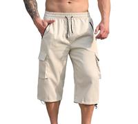 Mens Cargo Shorts Elasticated Waist Capri Trousers 3/4 Length Zip Pockets Workwear Solid Colour Designer Cropped Pants Loose Fit Work Utility Bottoms Summer Daily Wear for Men