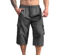 Mens Cargo Shorts Elasticated Waist Capri Trousers 3/4 Length Zip Pockets Workwear Solid Colour Designer Cropped Pants Loose Fit Work Utility Bottoms Summer Daily Wear for Men
