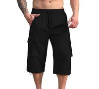 Mens Cargo Shorts Elasticated Waist Capri Trousers 3/4 Length Zip Pockets Workwear Solid Colour Designer Cropped Pants Loose Fit Work Utility Bottoms Summer Daily Wear for Men