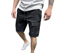 Mens Cargo Shorts Mens Shorts Elasticated Waist-Plain Lightweight Shorts Multi Pocket Baggy Combat Trousers Hiking Knee Length Short Walking Trouser Gym Workout Short Black