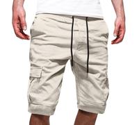 Mens Cargo Shorts Mens Shorts with Zip Pockets Elasticated Waist-Plain Lightweight Shorts Multi Pocket Baggy Combat Trousers Hiking Knee Length Short Walking Trouser Gym Workout Short Beige