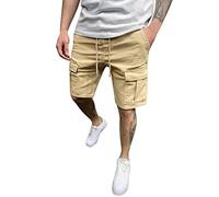 Mens Cargo Shorts Mens Shorts with Zip Pockets Elasticated Waist-Plain Lightweight Shorts Multi Pocket Baggy Combat Trousers Hiking Knee Length Short Walking Trouser Gym Workout Short Khaki