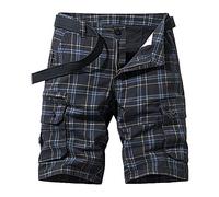 Men's Cargo Shorts Summer Cool Straight Leg Utility Plaid Cargo Shorts Multi Pocket Basic Plaid Shorts, Black, 32