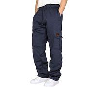 Mens Cargo Trousers Joggers for Men UK Solid Color Sweatshirt Outdoor Pants Cotton Chinos Regular Fit Multi Pocket Elastic Band Cuffs Fabric Plush Trousers (C Navy, M)