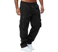 Mens Cargo Trousers Low-Waisted Elastic Band Fashion Overalls Solid Color Multi-Pocket Relaxed Fit for Fitness Sports (Black, L)