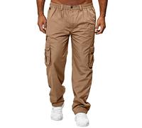 Mens Cargo Trousers Low-Waisted Elastic Band Fashion Overalls Solid Color Multi-Pocket Relaxed Fit for Fitness Sports (Khaki, XXXXL)