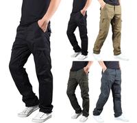 Mens Cargo Trousers Zip Pockets Fleece Lined Trousers Men Warm Combat Winter Trousers Men Golf Trousers Loose Fit Work Trousers Men Walking Trousers Fashion Versatile Tracksuit Bottoms Khaki
