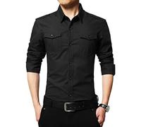 Mens Cargo Work Button Down Shirt Washed Cowboy Cut Trucker Woven Shirts Long Sleeve Two Pocket Military Flannel Shirt (Black,L)