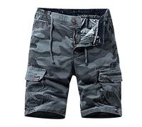 Men's Cargo Work Shorts Ripstop Combat Camo Trousers Casual Summer Chino Bottom Loose Fit Multi Pocket Elasticated Waist Drawstring Lightweight Short Pants Comfortable Outdoor Hiking Training Jogger