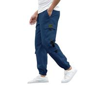 Mens Cargo Work Trousers Regular Fit Tracksuit Bottoms Solid Sport Pants Stretch Activewear Trouser Elasticated Waist Drawstring Pants Wide Cuffed Pant Training Sports Trousers with Multi Pockets