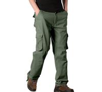 Mens Cargo Work Trousers UK Cotton Elasticated Waist Work Trousers Regular Classic Straight Leg Trouser with Multi Pockets Casual Comfortable Combat Pants Men Outdoor Hiking Trouser Workwear Green