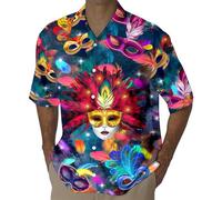 Men's Carnival Shirt Short Sleeve Colourful with Venetian Masks & Feathers Print - Funny Hawaiian Shirt Button-Down Fancy Dress Costume Outfit for Theme Party Festival & Mardi Gras, #001, XXL