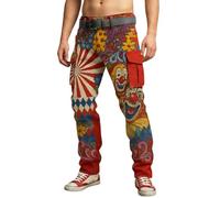 Men's Carnival Work Trousers in Clown Patchwork Print and Red and White Stripes - Casual Bottoms with Unique and Theatrical Design for a Maximalist Party Look, Red306, 3XL