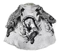 Men's Cashmere Hooded Cloak, 3D Full Print Viking Tattoo, Winter Warm Coat Casual Jacket, Mid-Length Parka, Horn Buckle Robe(Ragnar,L)