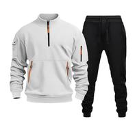 Men's Casual 1/4 Zip Long Sleeve Pocket Pullover Workwear Sport Fleece Long Sleeve and Pants Two Piece Set Hip Hop Sweat Suits for Men (a-White, L)