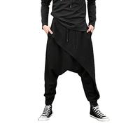 Mens Casual Baggy Drawstring Hippie Boho Aladdin Harem Pants with Irregular Hemline Low Crotch Trousers Light & Breathable Long-Pant Casual Hippy Trousers Beach Pants/Yoga Long Pants Black