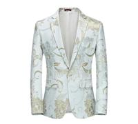 Men's Casual Business Wedding Blazer Officiating Groom Suit Bronzing Flower Dress Jacket Coat White Gold Asian XXL is EUR L