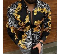 Mens Casual Button Down Long Sleeve Shirt with Eye Catching Print for Various Events (M Black gold)