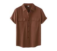Mens Casual Button Down Shirt Lightweight Thin Summer Short Sleeve Solid Color Work Shirts with Chest Pockets(Brown,X-Large)