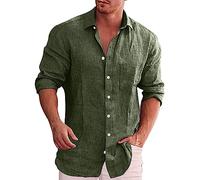 Men's Casual Button Down Shirt Long Sleeve Linen Chambray Shirt Big and Tall Regular Fit Lightweight Solid Plain Casual Tee Shirts Tops Green