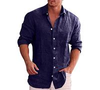 Men's Casual Button Down Shirt Long Sleeve Linen Chambray Shirt Big and Tall Regular Fit Lightweight Solid Plain Casual Tee Shirts Tops Dark Blue
