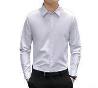 Men's Casual Button-Down Shirt, Long Sleeve Slim Fit Polyester-Spandex Blend, Business Workwear Top for Office and Daily Wear(2XL White)