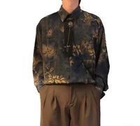 Men's Casual Button-Down Shirt, Loose Fit Long Sleeve Printed Top in Polyester-Spandex Blend, Hong Kong Style Retro Streetwear, for Daily Wear and Holiday Outings(3XL Yellow)