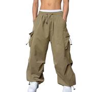 Men's Casual Cargo Pants Elastic Waist Drawstring Hip Hop Trousers Men's Parachute Pants Drawstring Baggy Cargo Pants Y2K Streetwear Men's Trousers(Khaki,3XL)